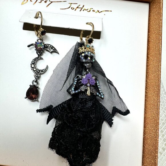Betsey Johnson Bridal Skeleton Earrings With Moon & Bat Dangle - Picture 2 of 7